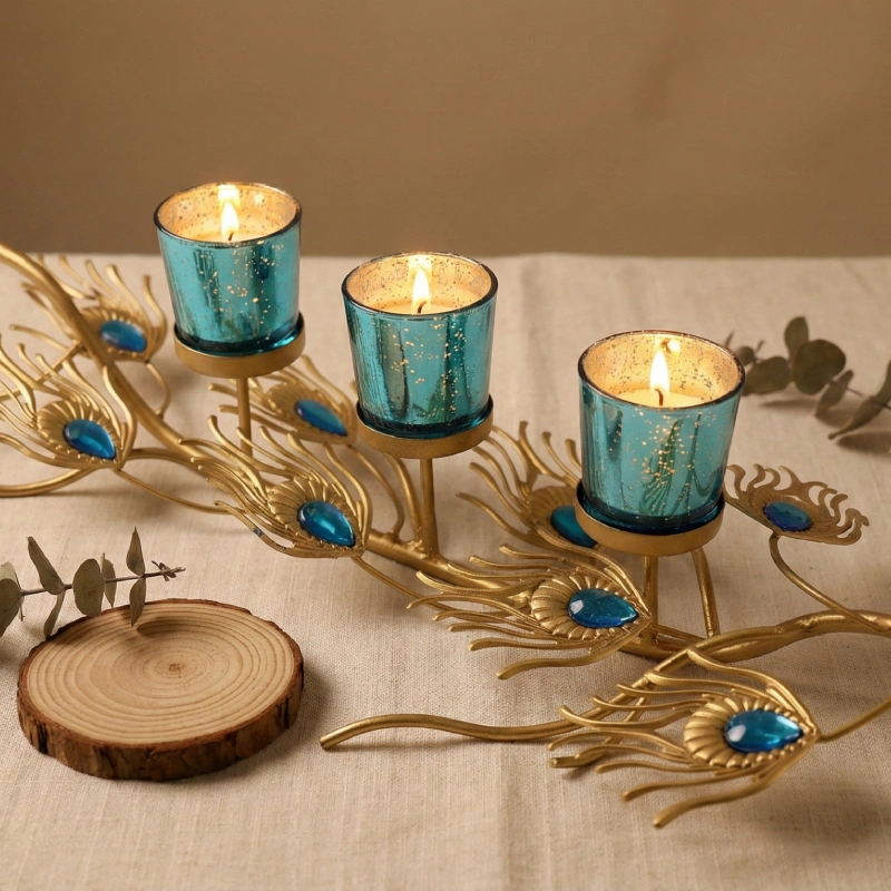 peacock feather glass candle